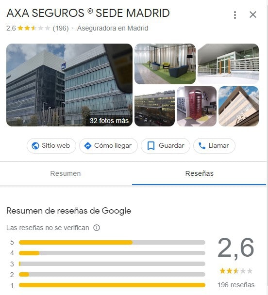 Axa opiniones Google