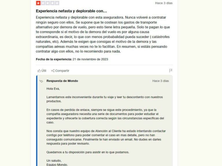 Opiniones negativas de Mondo Seguros en TrustPilot